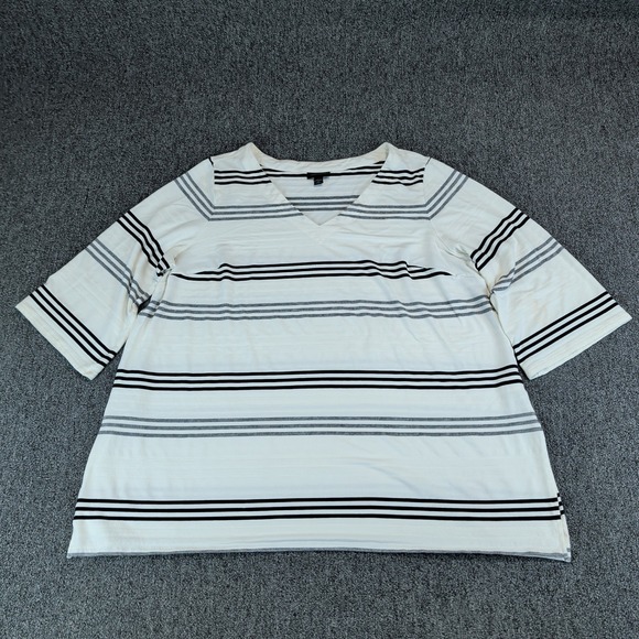J. Jill Coastal Striped V-Neck T-Shirt Women 2X Ivory Black Short Sleeve Top — photo 2